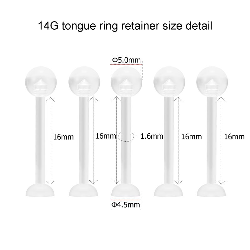 NewkeepsR 5pcs-14G(1.6mm) Thickness, 16mm(5/8'') Length, Bioplast Flexible Clear Tongue Ring Plastic Retainer, Unnoticeable Flat Labret Spacers - Image 2